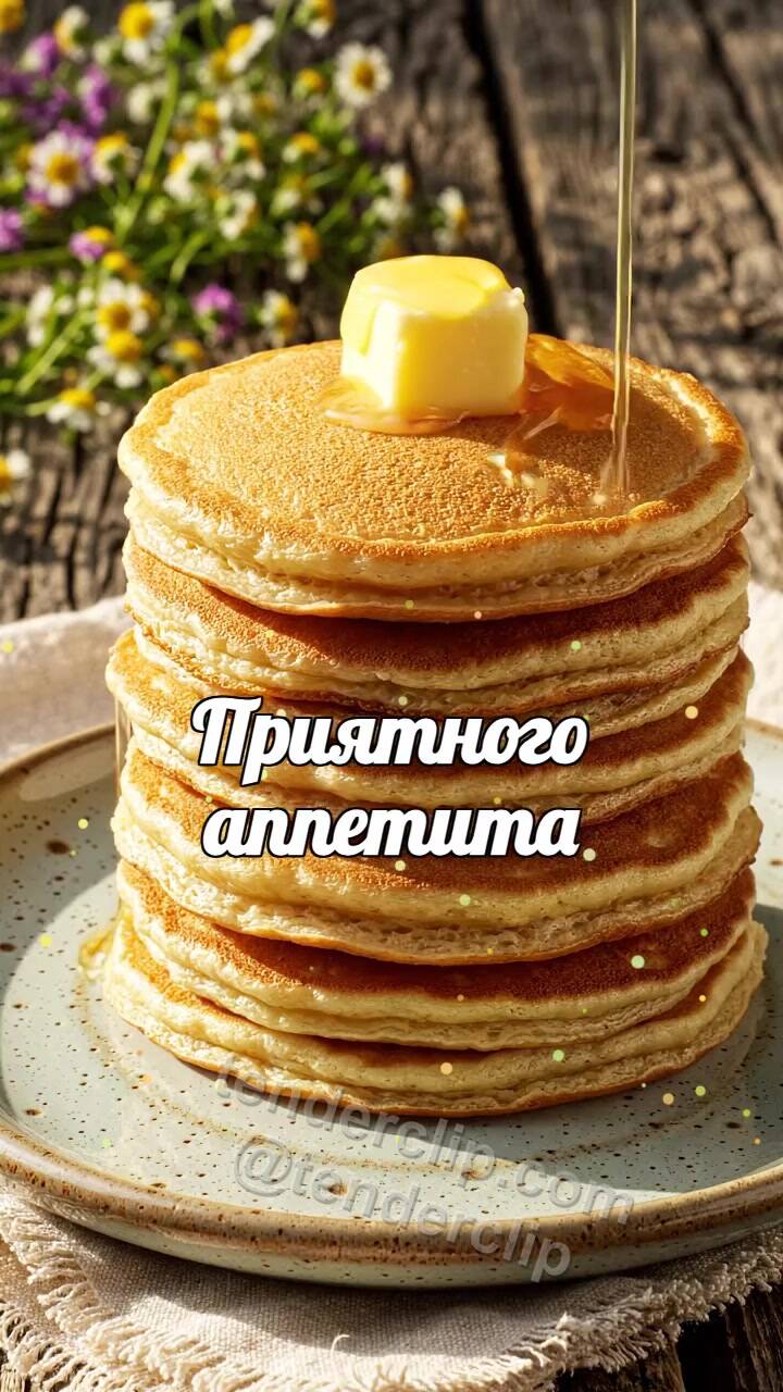 Анимационная открытка на тему Приятного аппетита: масло тает на стопке блинов