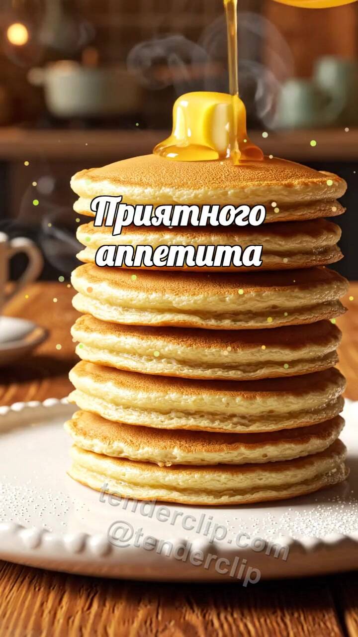 Анимационная открытка на тему Приятного аппетита: масло тает на стопке блинов