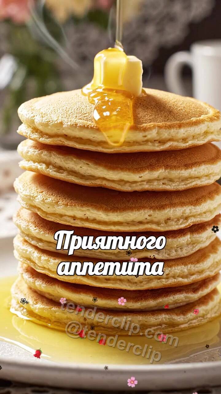 Анимационная открытка на тему Приятного аппетита: масло тает на стопке блинов