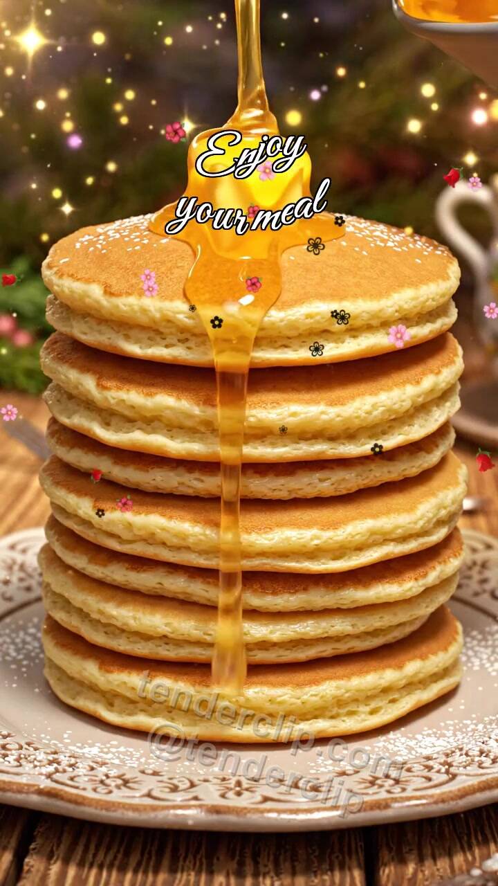 Animated greeting card about Enjoy your meal: butter melts on pancake stack