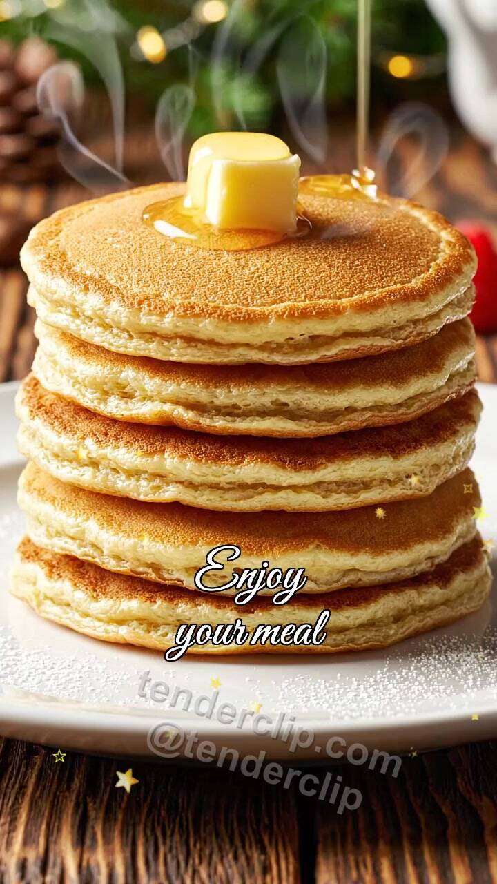 Animated greeting card about Enjoy your meal: butter melts on pancake stack