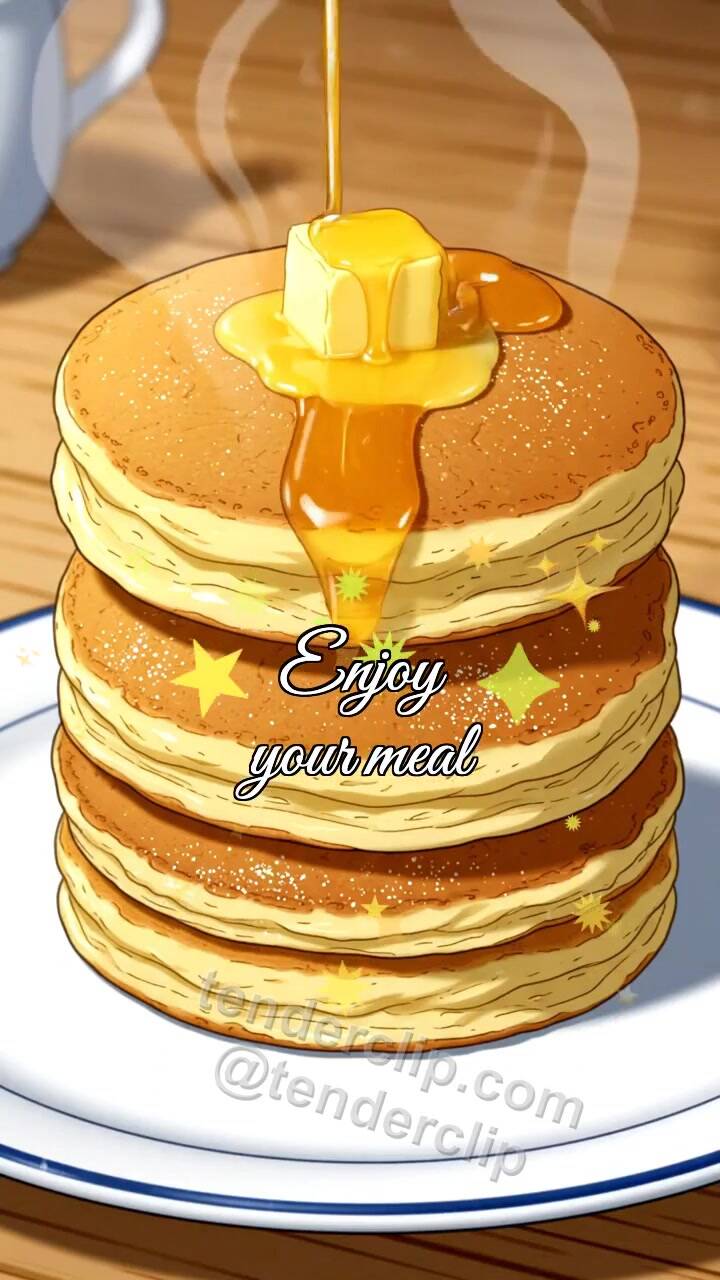 Animated greeting card about Enjoy your meal: butter melts on pancake stack