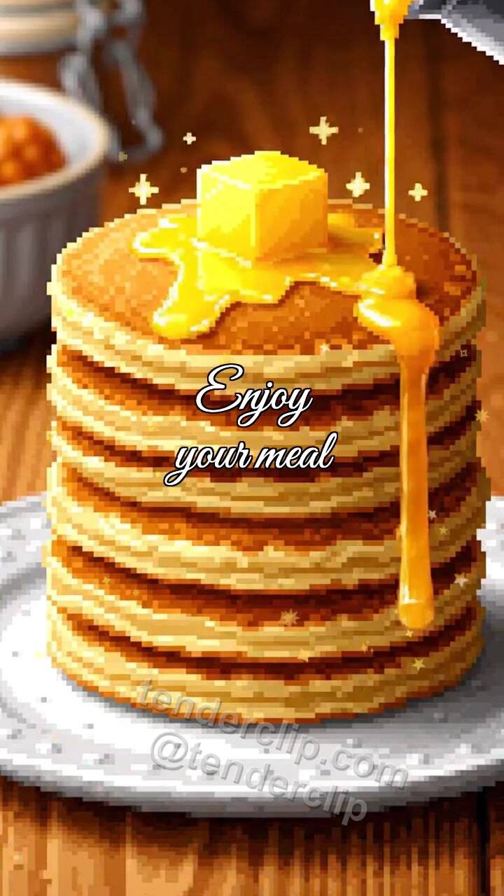Animated greeting card about Enjoy your meal: butter melts on pancake stack