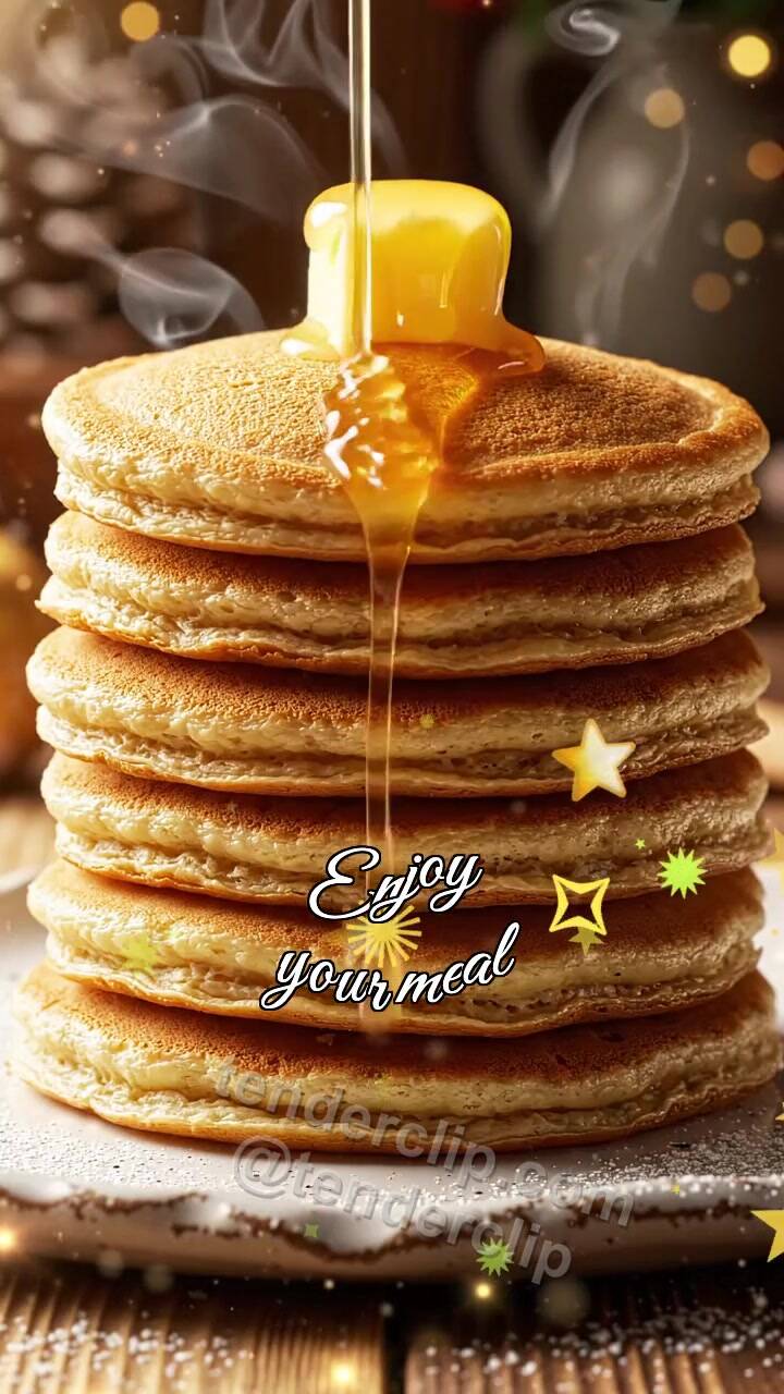 Animated greeting card about Enjoy your meal: butter melts on pancake stack
