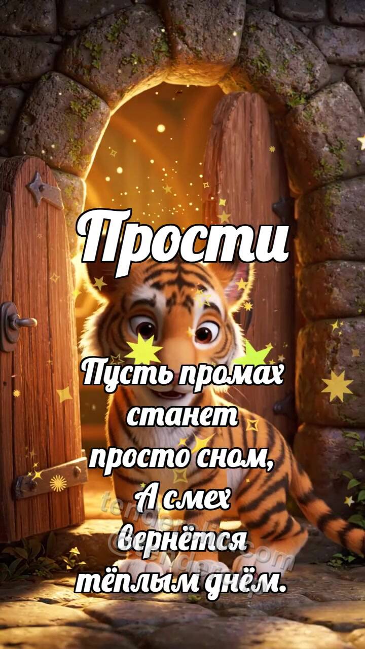 Анимационная открытка на тему Прости: Тигрёнок открывает дверь