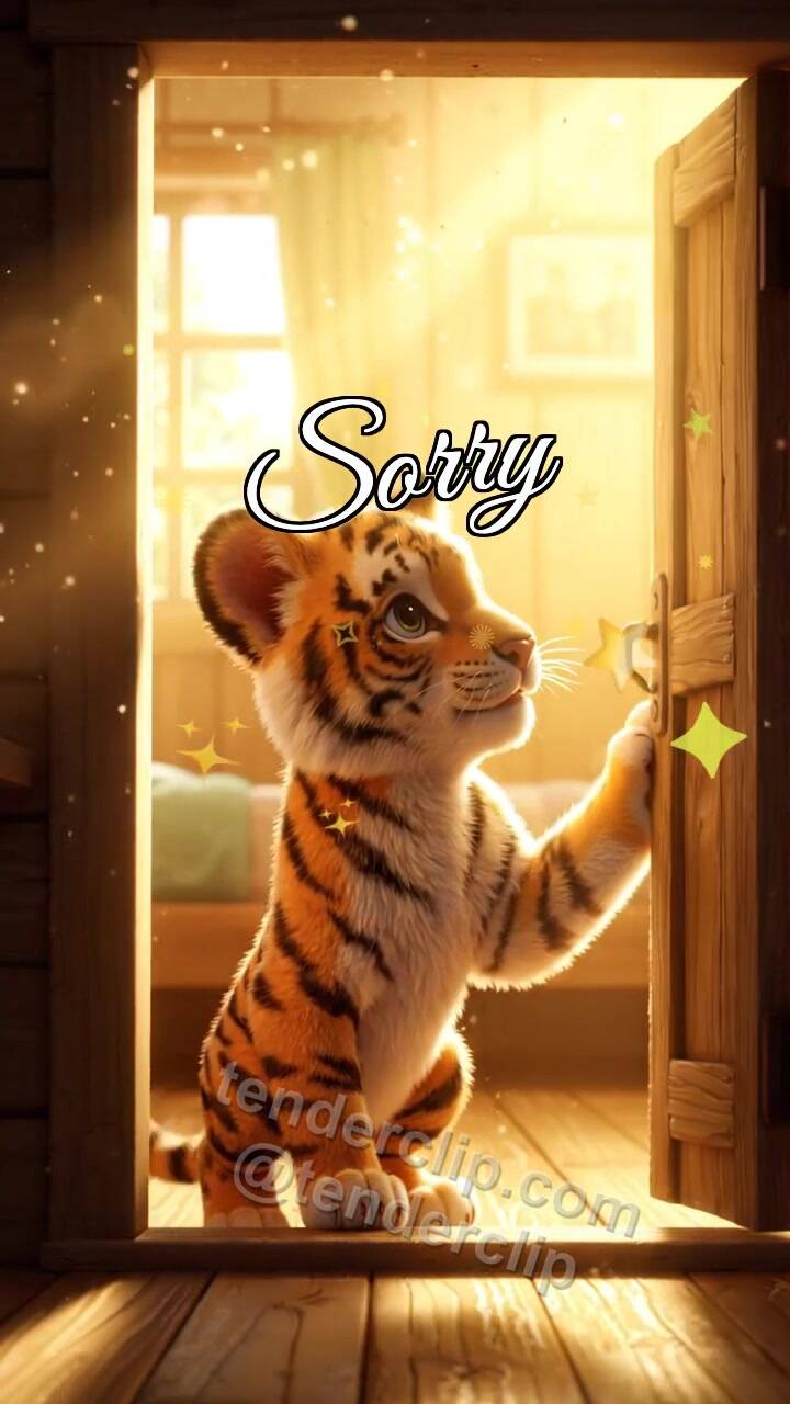 Animated greeting card about Sorry: Tiger Cub Opens Warm Door
