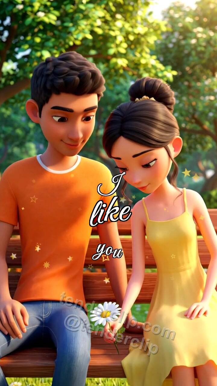 Animated greeting card about I like you: man and woman place a flower on a bench