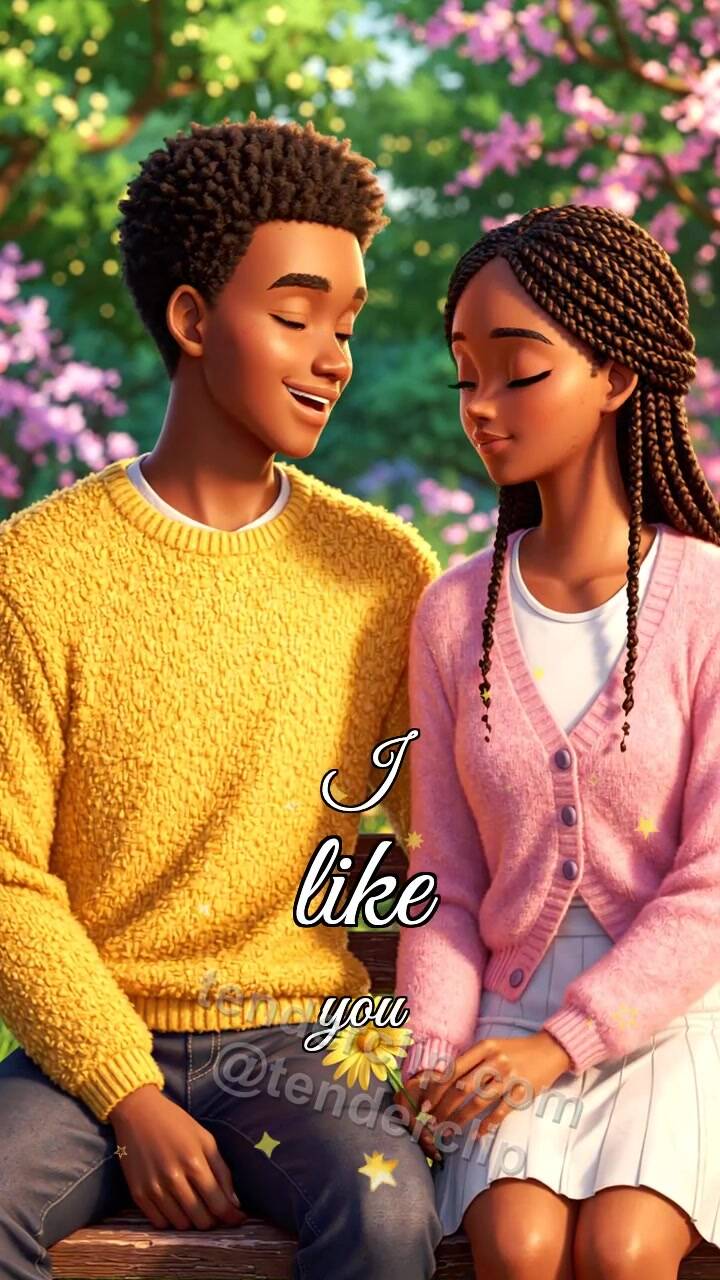 Animated greeting card about I like you: man and woman place a flower on a bench