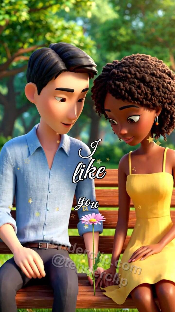 Animated greeting card about I like you: man and woman place a flower on a bench