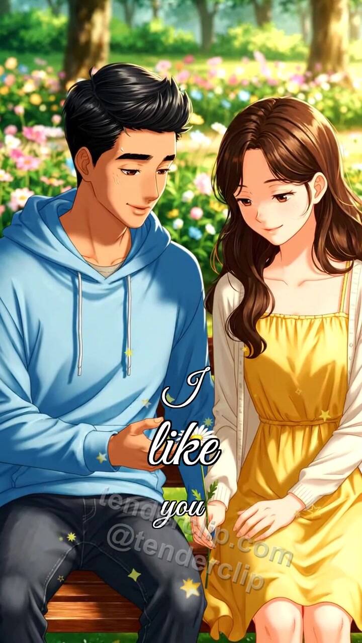 Animated greeting card about I like you: man and woman place a flower on a bench