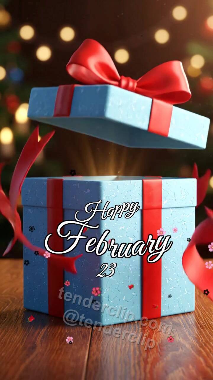 Animated greeting card about Happy February 23: gift box reveals a surprise