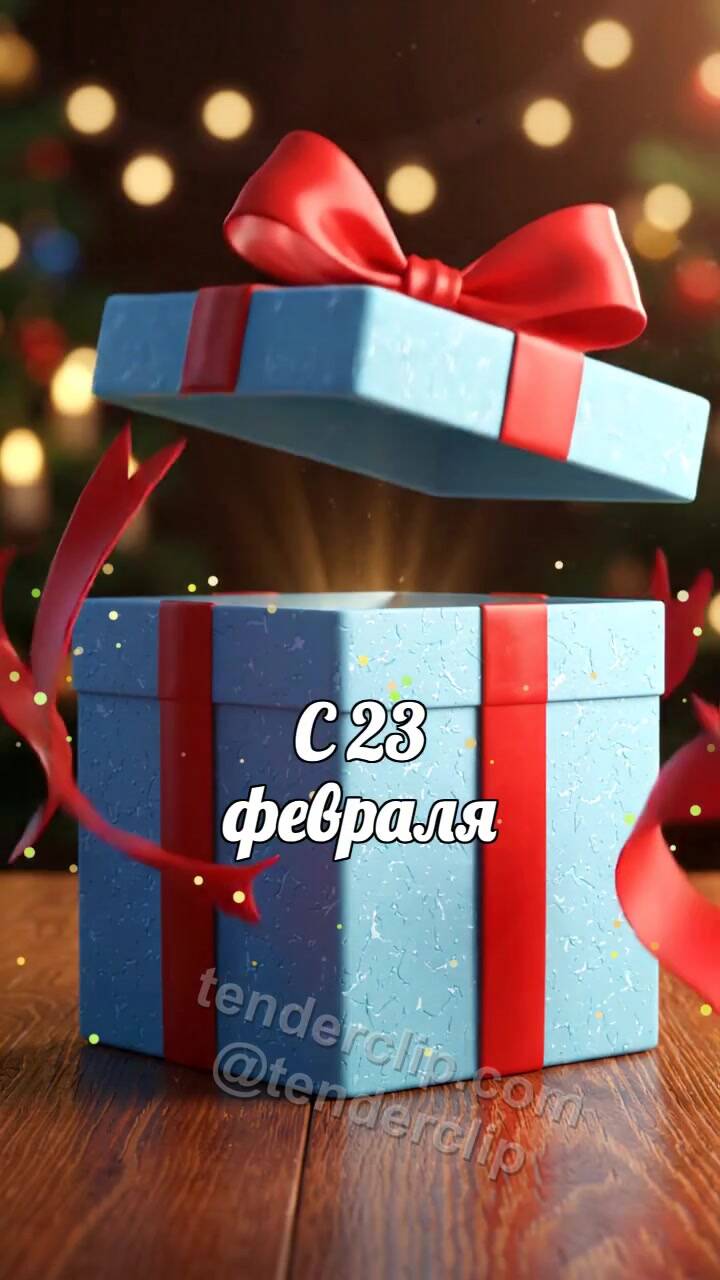 Анимационная открытка на тему С 23 февраля: подарочная коробка раскрывает сюрприз