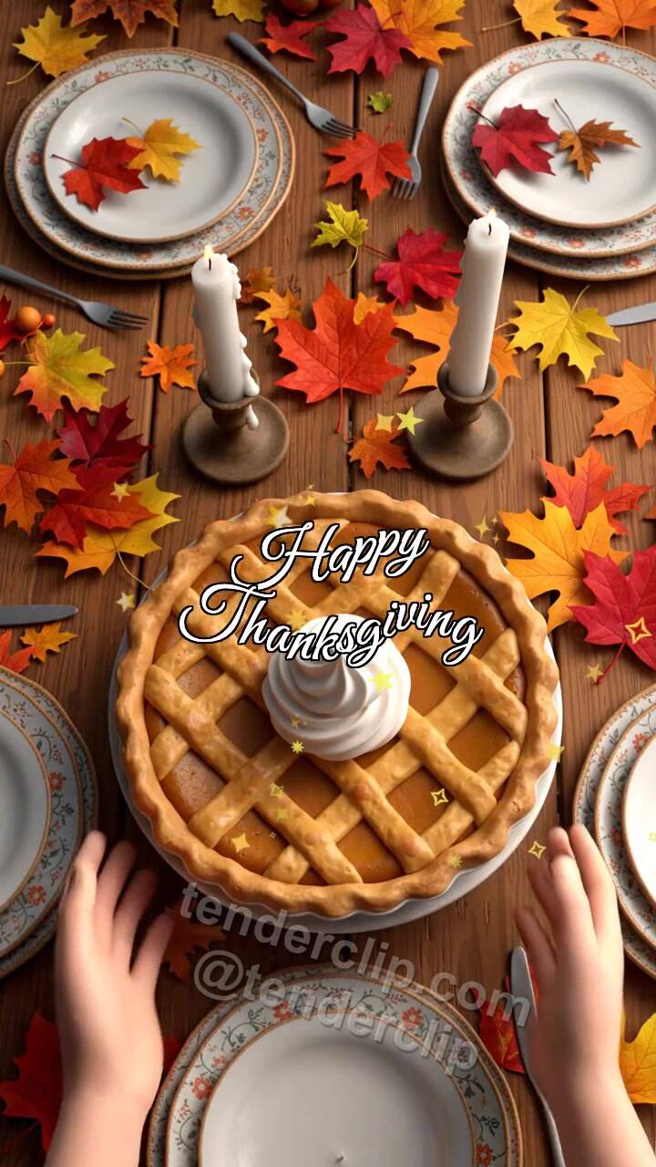 Animated greeting card about Happy Thanksgiving: pumpkin pie lands at the table center