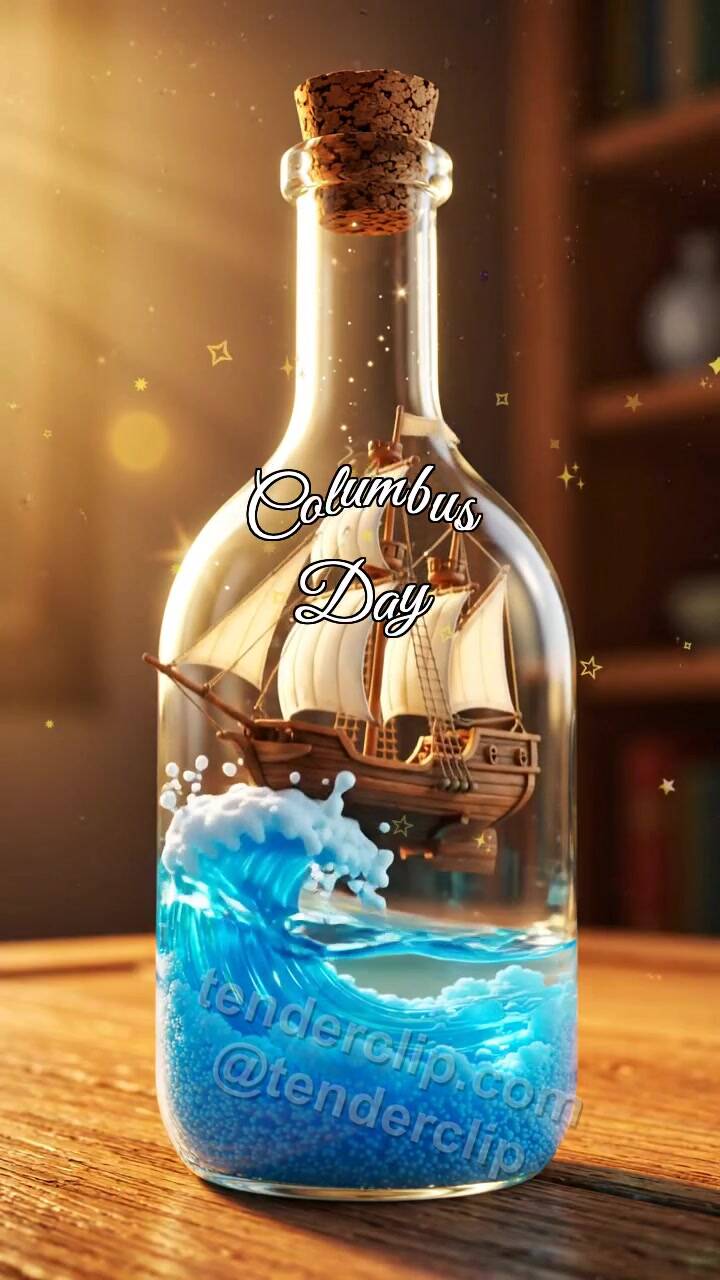 Animated greeting card about Columbus Day: ship in a bottle catches a sea wave