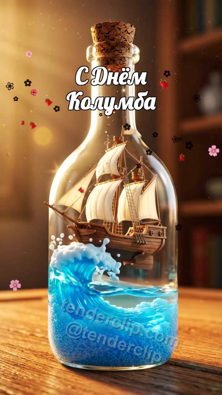 Анимационная открытка на тему С Днём Колумба: кораблик в бутылке ловит морскую волну
