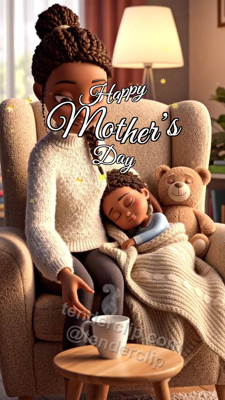 Animated greeting card about Happy Mother’s Day: mother tucks a blanket around a child