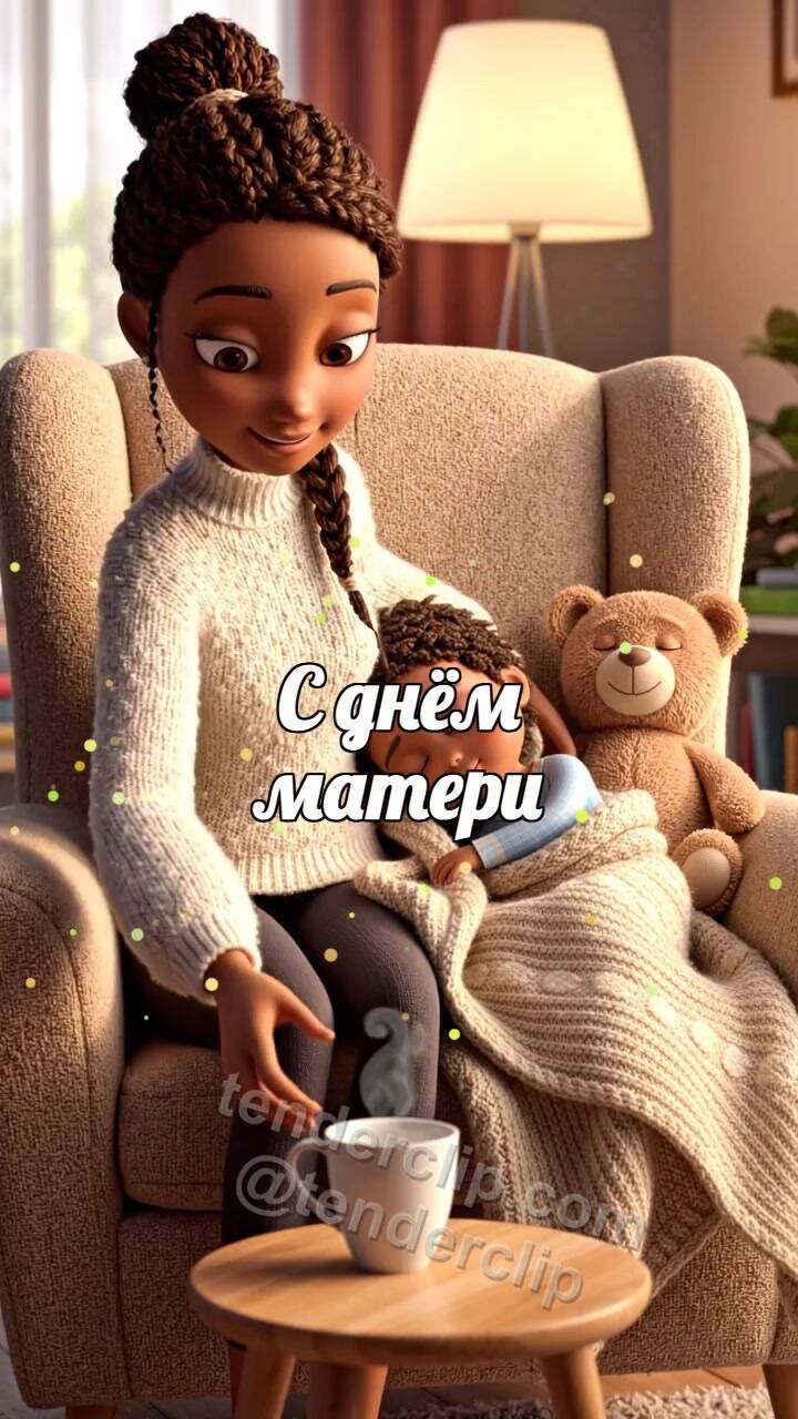 Анимационная открытка на тему С днём матери: мама укрывает ребёнка пледом