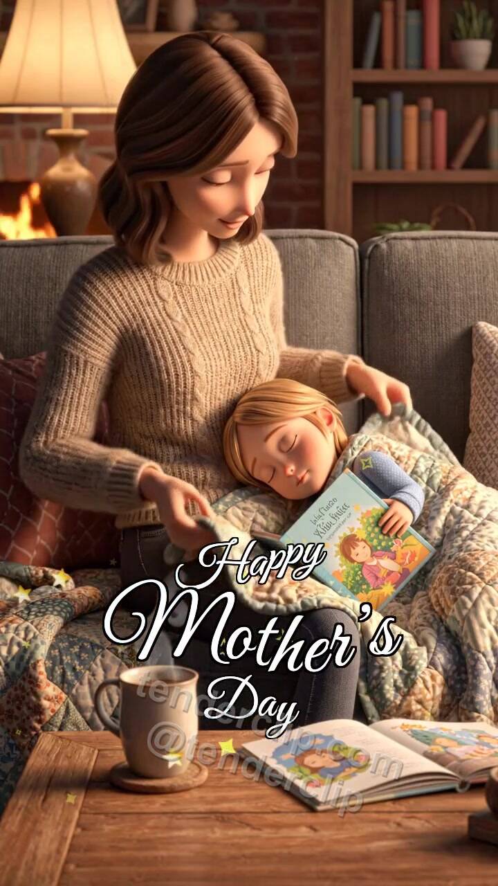 Animated greeting card about Happy Mother’s Day: mom covers a child with a blanket
