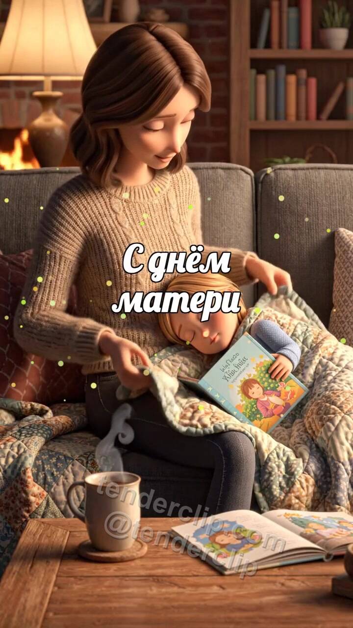Анимационная открытка на тему С днём матери: мама накрывает ребёнка пледом