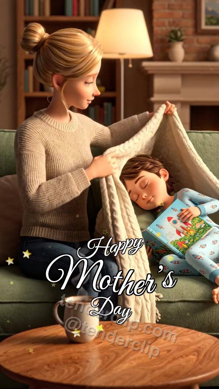 Animated greeting card about Happy Mother’s Day: mom covers a child with a blanket