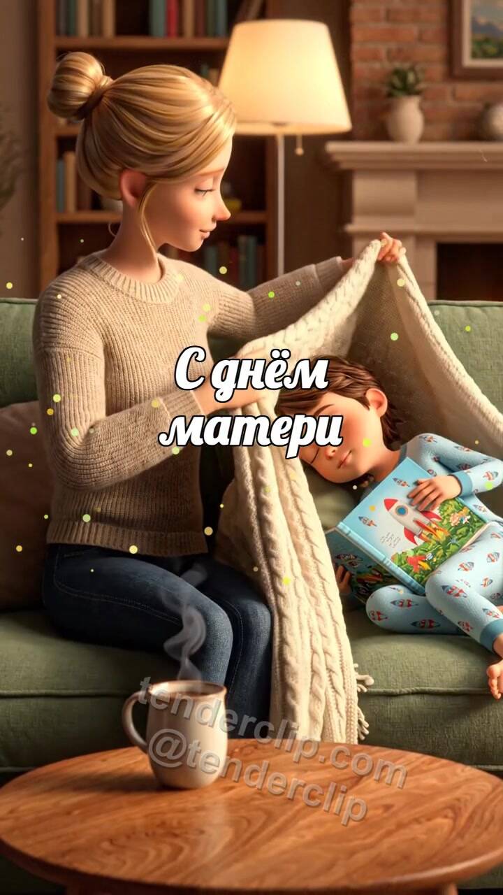 Анимационная открытка на тему С днём матери: мама накрывает ребёнка пледом