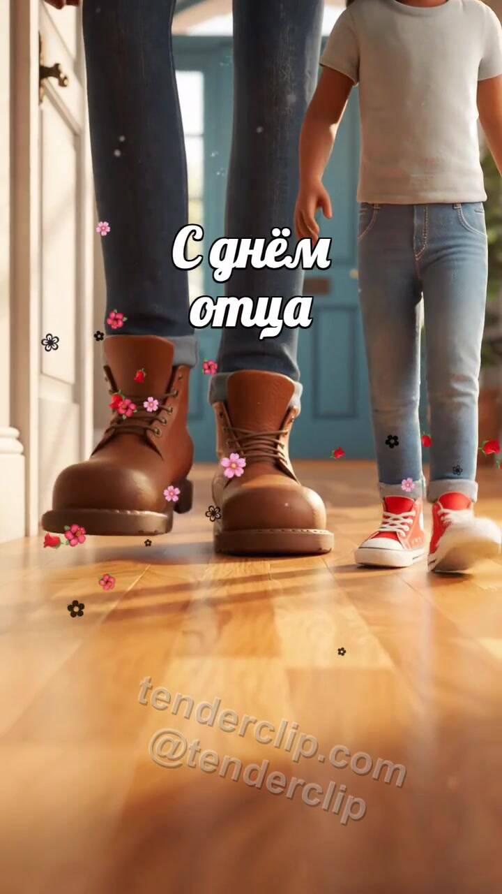 Анимационная открытка на тему С днём отца: два больших ботинка и маленькие шаги рядом