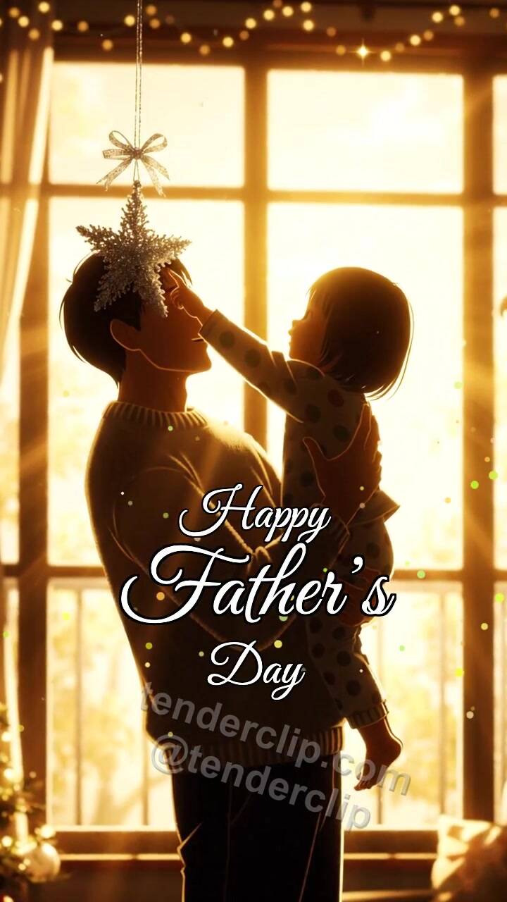 Animated greeting card about Happy Father’s Day: dad lifts a child to a star