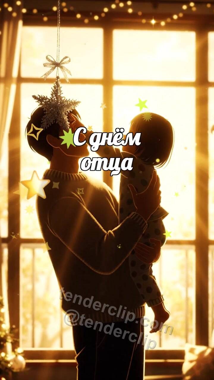 Анимационная открытка на тему С днём отца: папа поднимает ребёнка к звезде