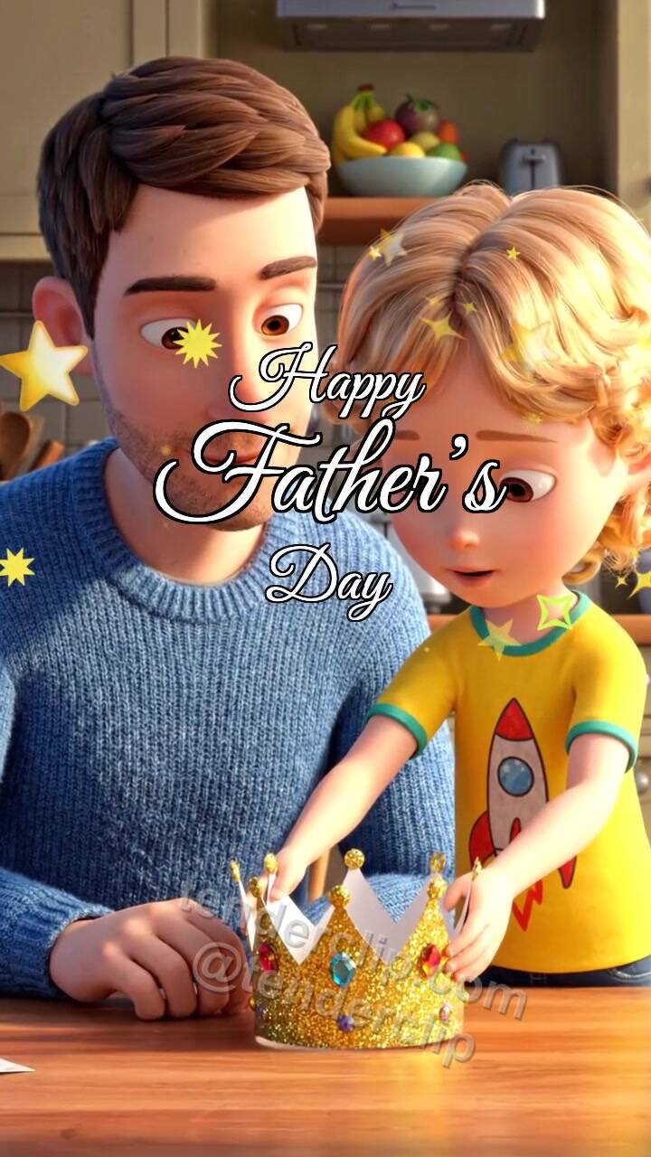 Animated greeting card about Happy Father’s Day: child gives dad a small crown