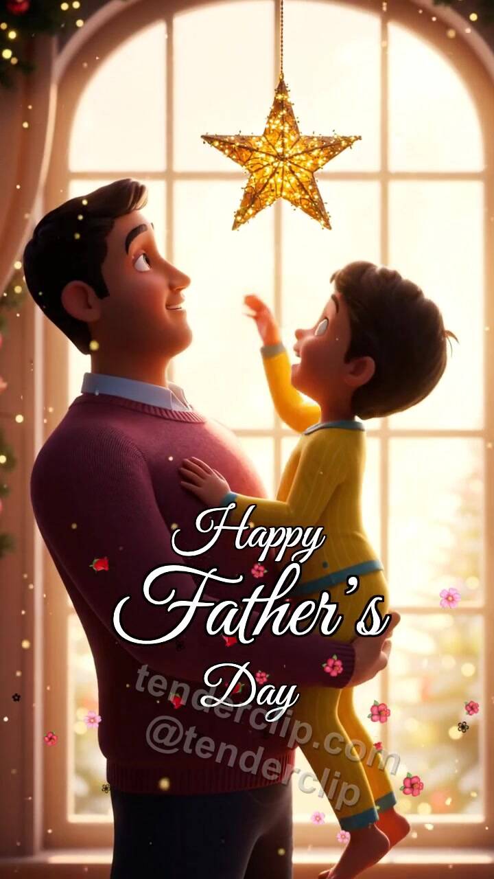 Animated greeting card about Happy Father’s Day: dad lifts a child to a star