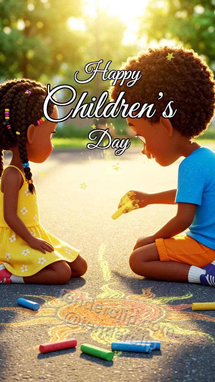 Animated greeting card about Happy Children’s Day: children draw a chalk sun