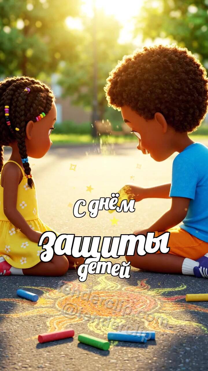 Анимационная открытка на тему С днём защиты детей: дети рисуют солнце мелом