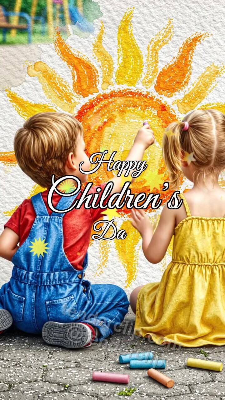 Animated greeting card about Happy Children’s Day: children draw a chalk sun