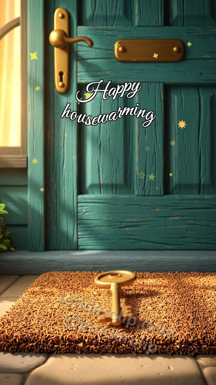 Animated greeting card about Happy housewarming: key lands near a door