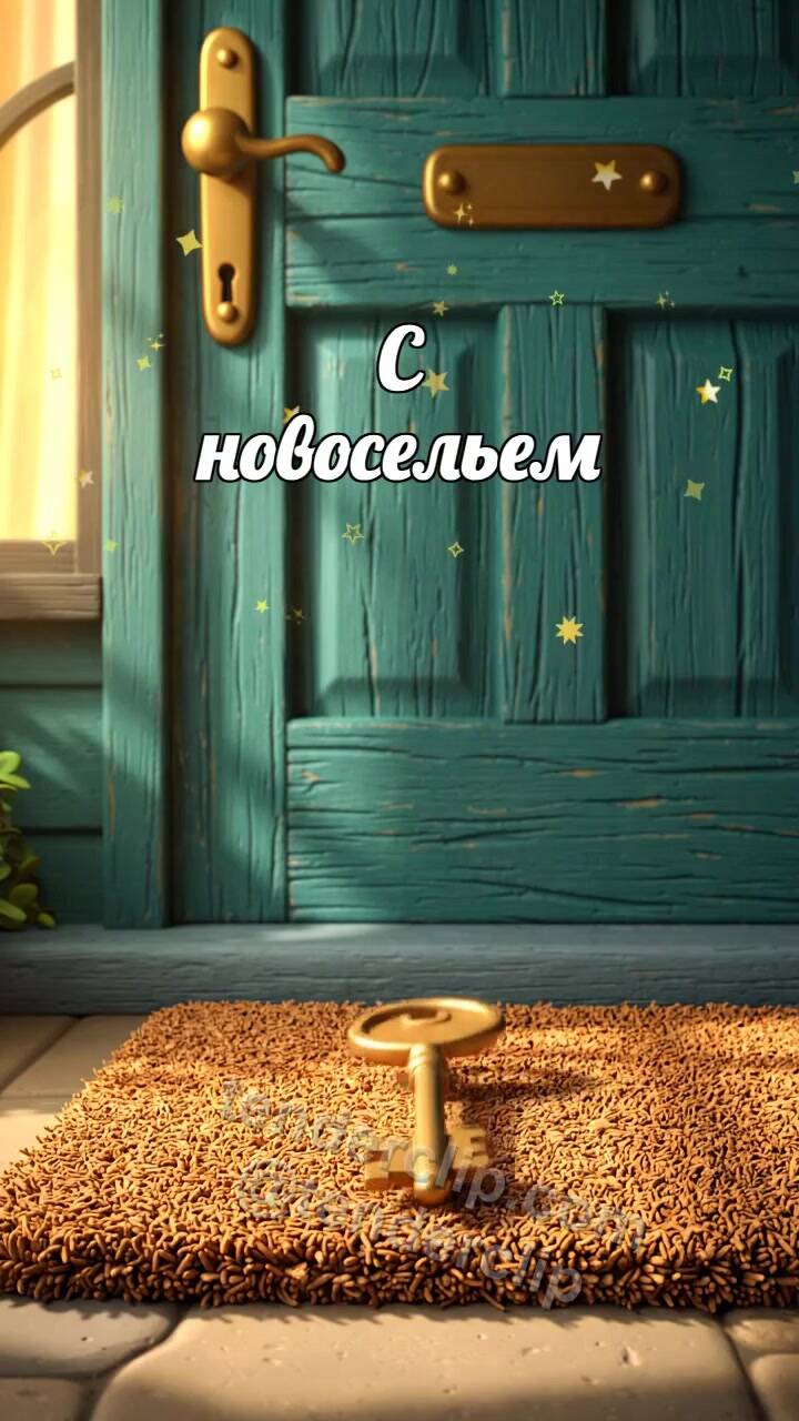Анимационная открытка на тему С новосельем: ключ ложится у двери