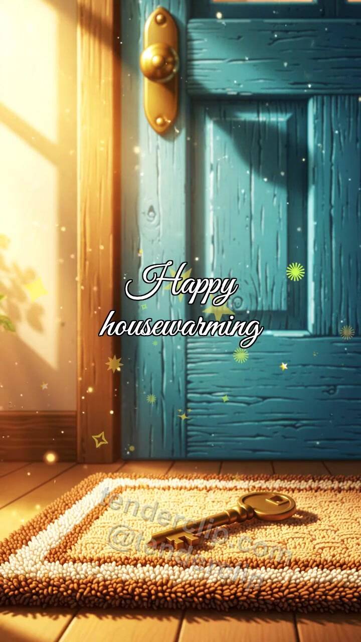 Animated greeting card about Happy housewarming: key lands near a door