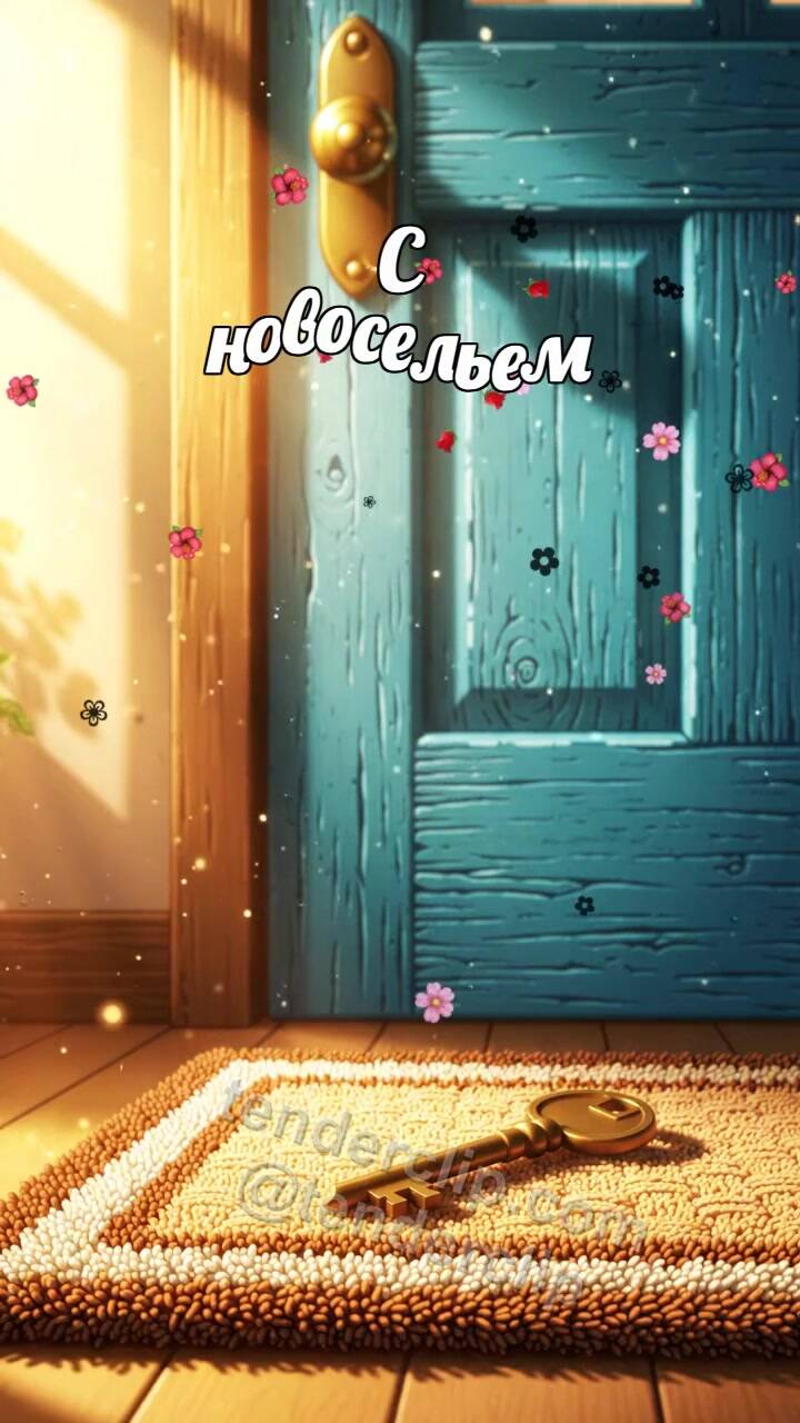 Анимационная открытка на тему С новосельем: ключ ложится у двери