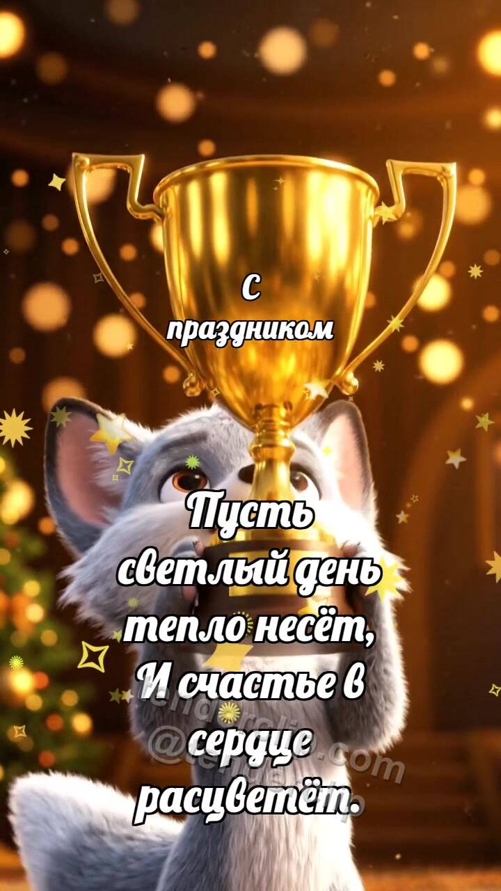 Анимационная открытка на тему С праздником: Лисёнок получает трофей
