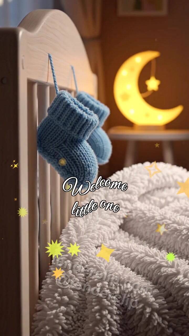 Animated greeting card about Welcome little one: tiny booties sway by a crib