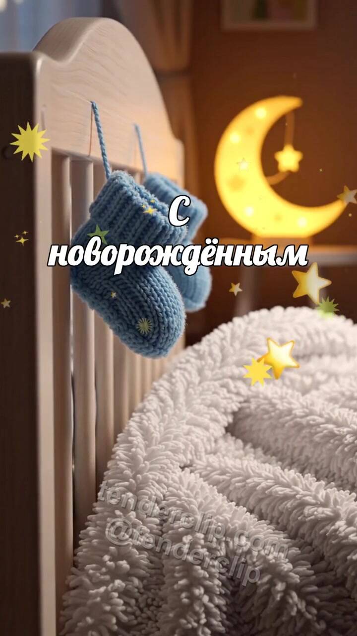 Анимационная открытка на тему С новорождённым: маленькие пинетки покачиваются у кроватки