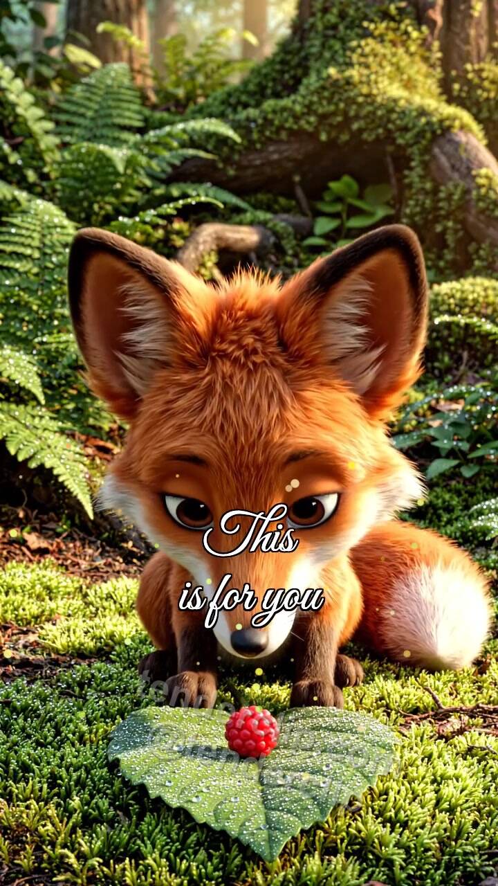 Animated greeting card about This is for you: fox cub brings a berry