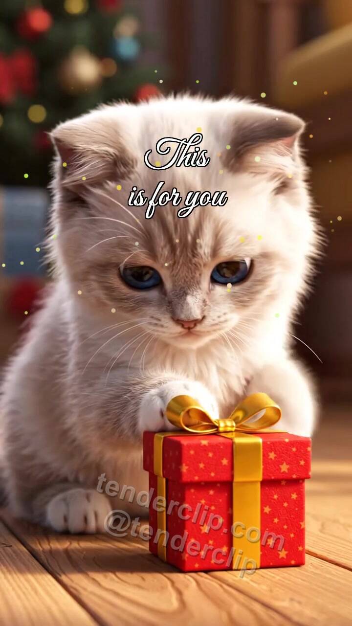 Animated greeting card about This is for you: kitten nudges a small box