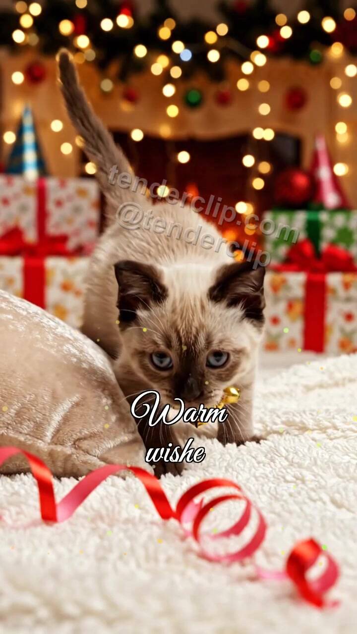 Animated greeting card about Warm wishes: Cat Ribbon Chase