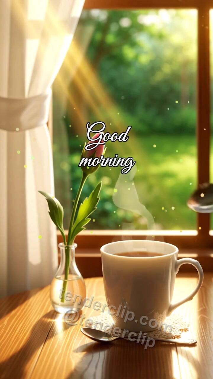 Animated greeting card about Good morning: sunbeam wakes a cup