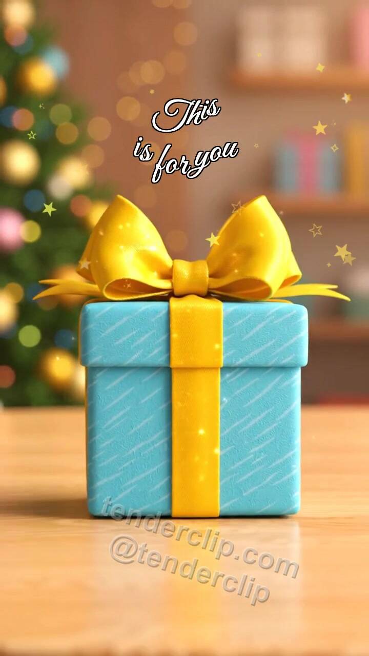 Animated greeting card about This is for you: small gift moves toward camera