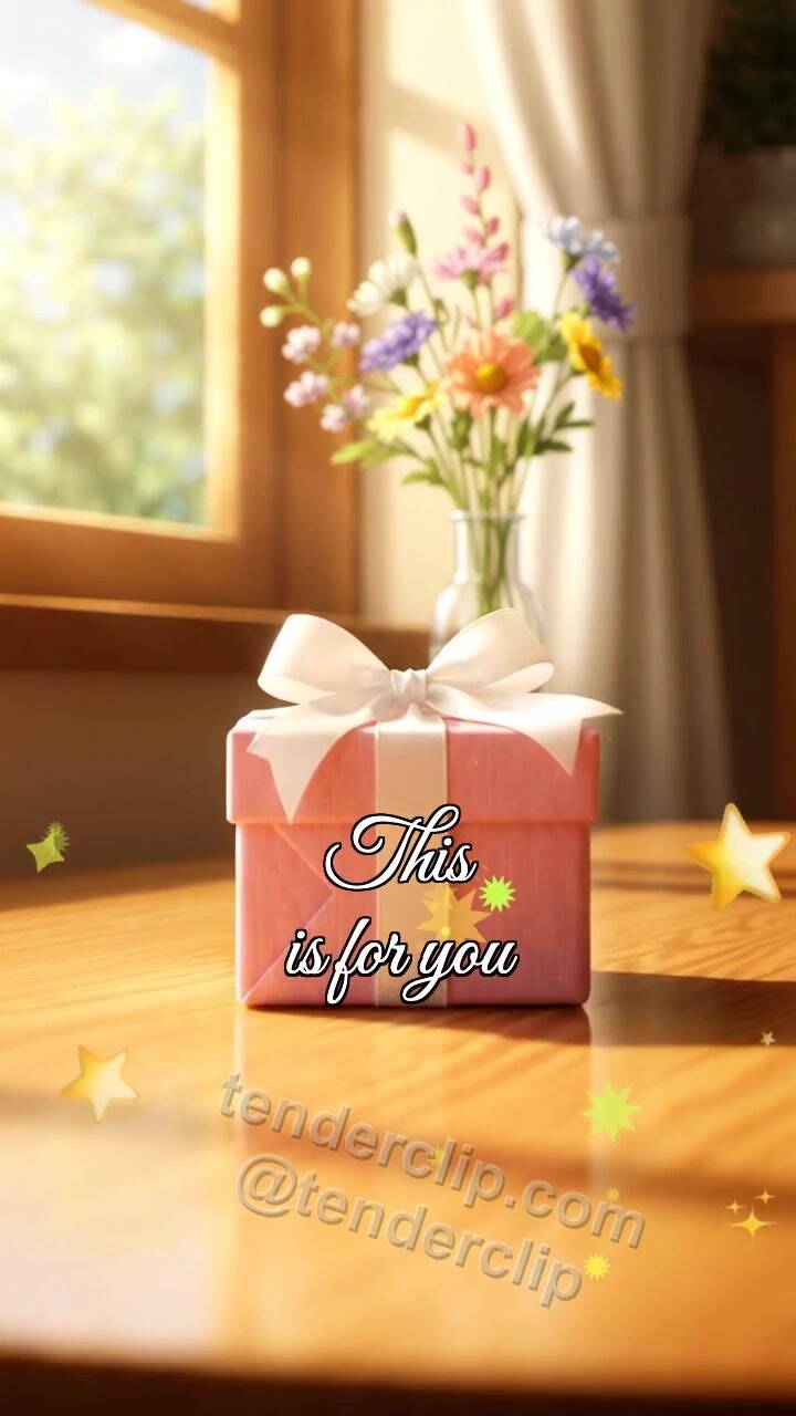 Animated greeting card about This is for you: small gift moves toward camera