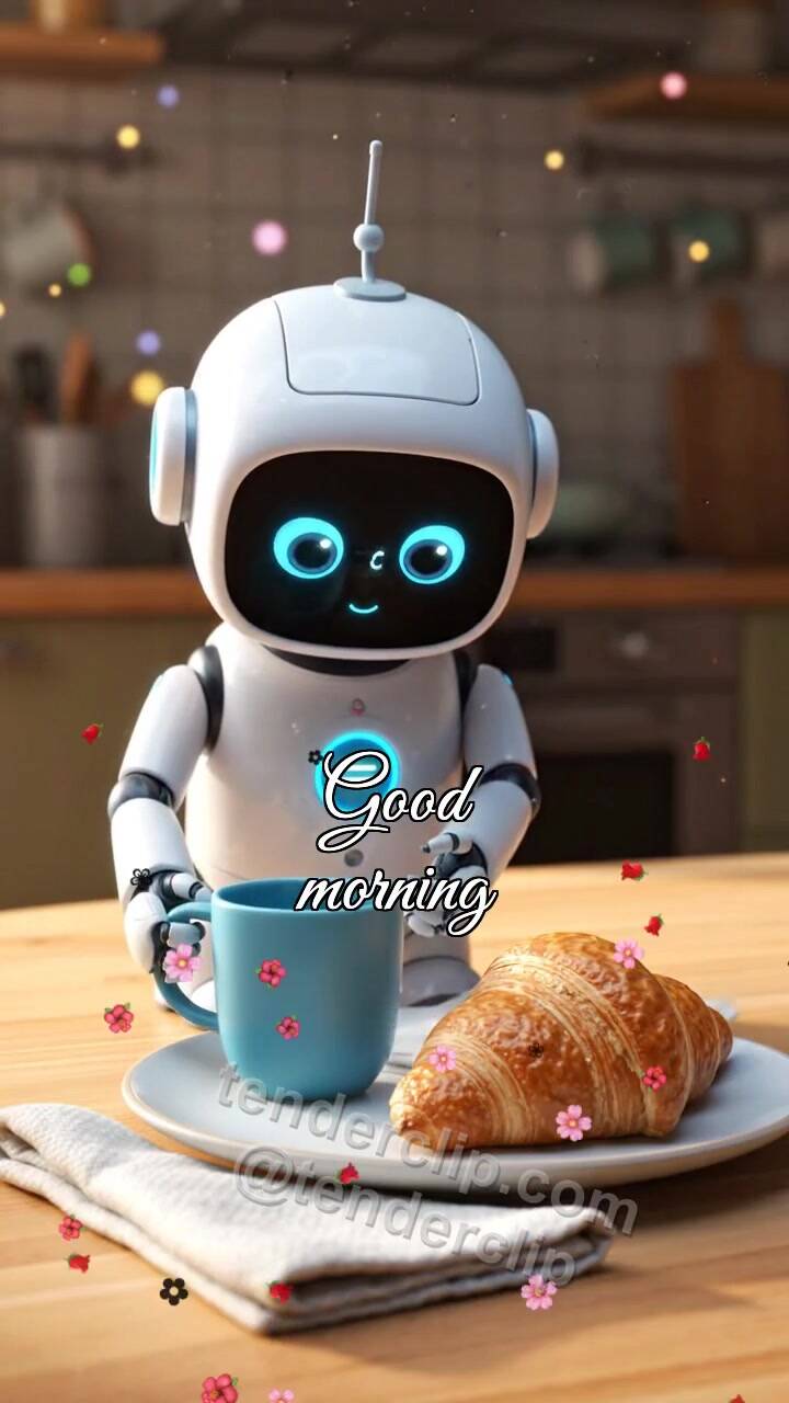 Animated greeting card about Good morning: tiny robot serves breakfast