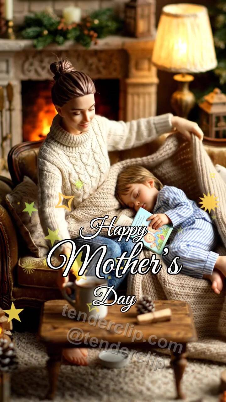 Animated greeting card about Happy Mother’s Day: mom covers a child with a blanket
