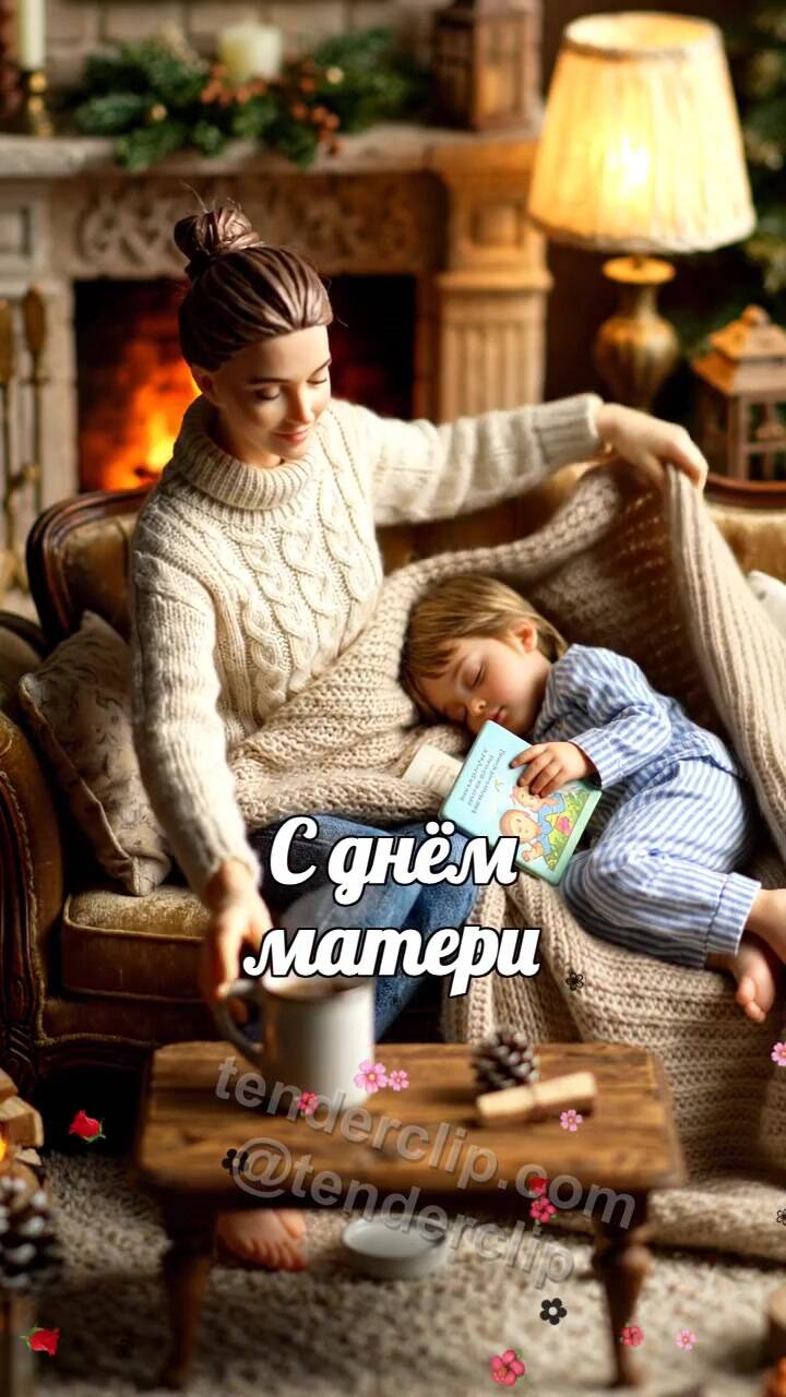 Анимационная открытка на тему С днём матери: мама накрывает ребёнка пледом