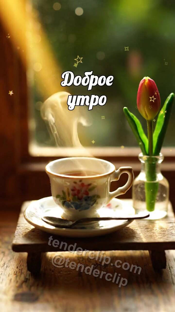 Анимационная открытка на тему Доброе утро: солнечный луч будит чашку